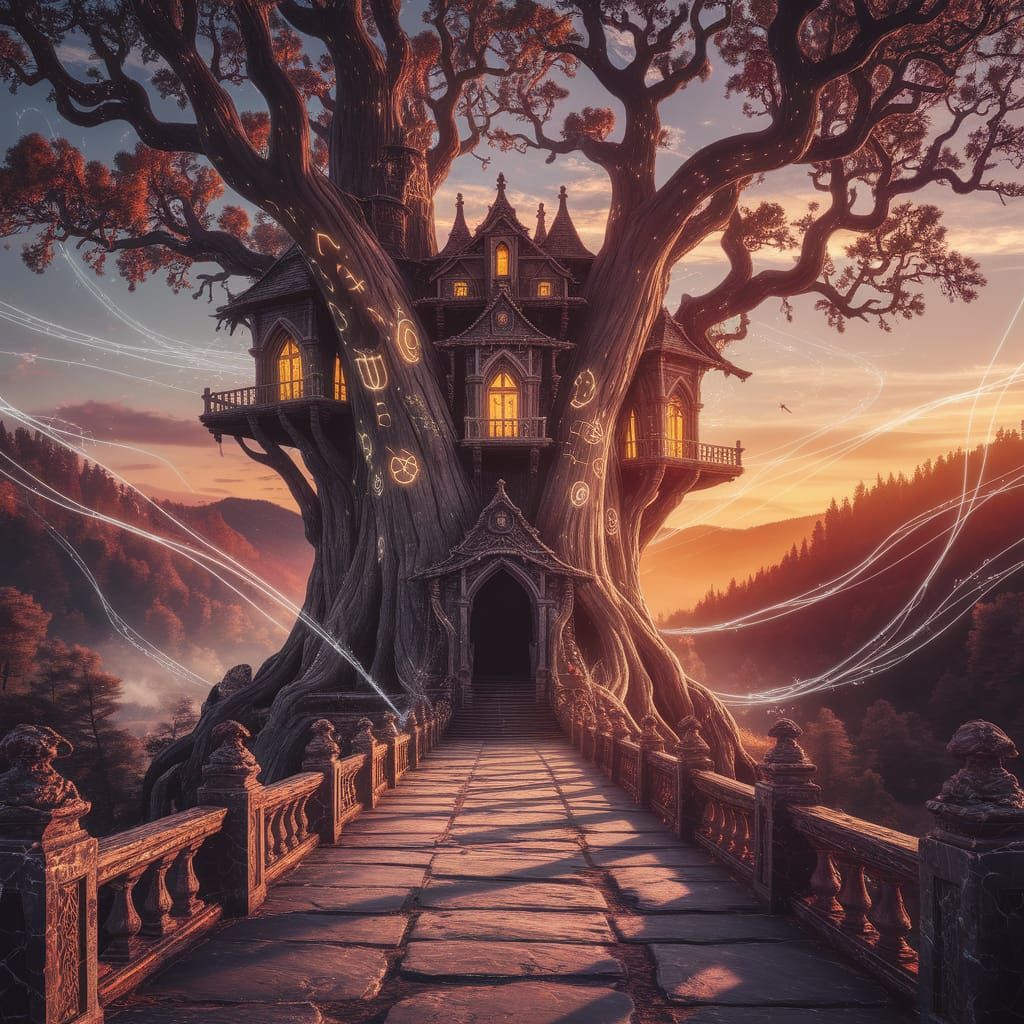 Ancient Spell School Inside Petrified Tree at Sunset