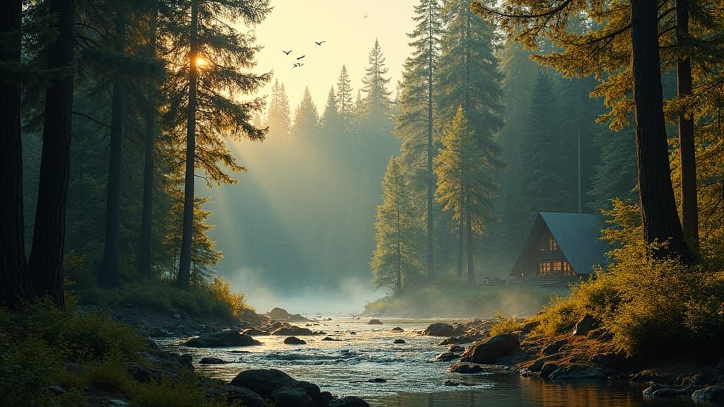 Majestic Forest River Scene with Cozy Cabin