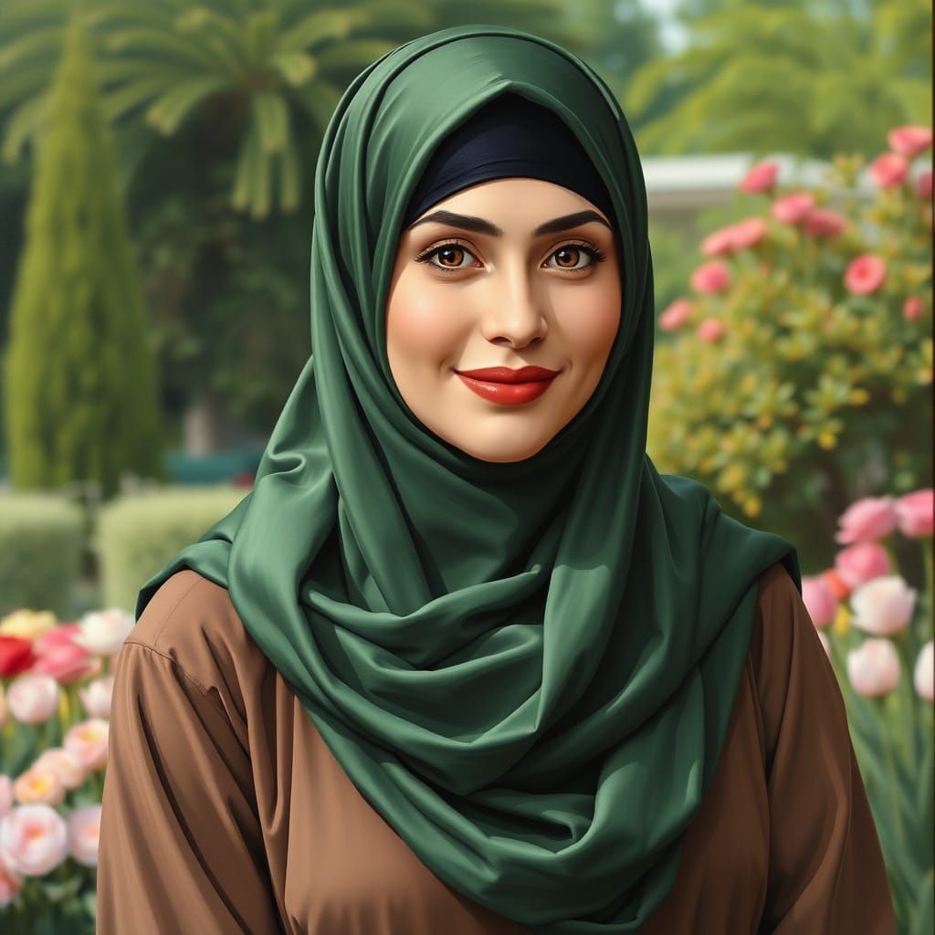 Elegant Hijabi Woman in Garden Oil Painting