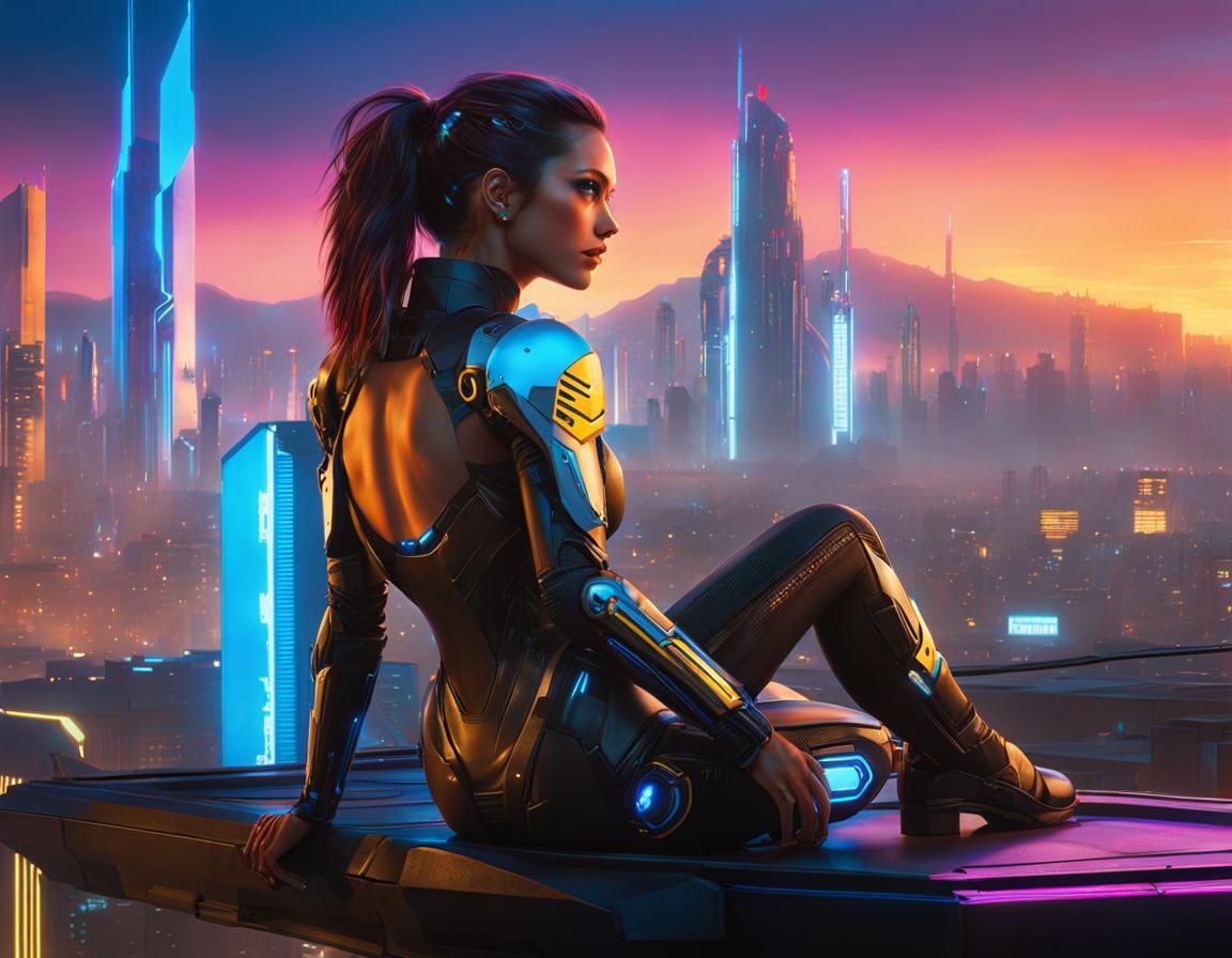 Cyborg Girl Gazing at Cyberpunk Cityscape