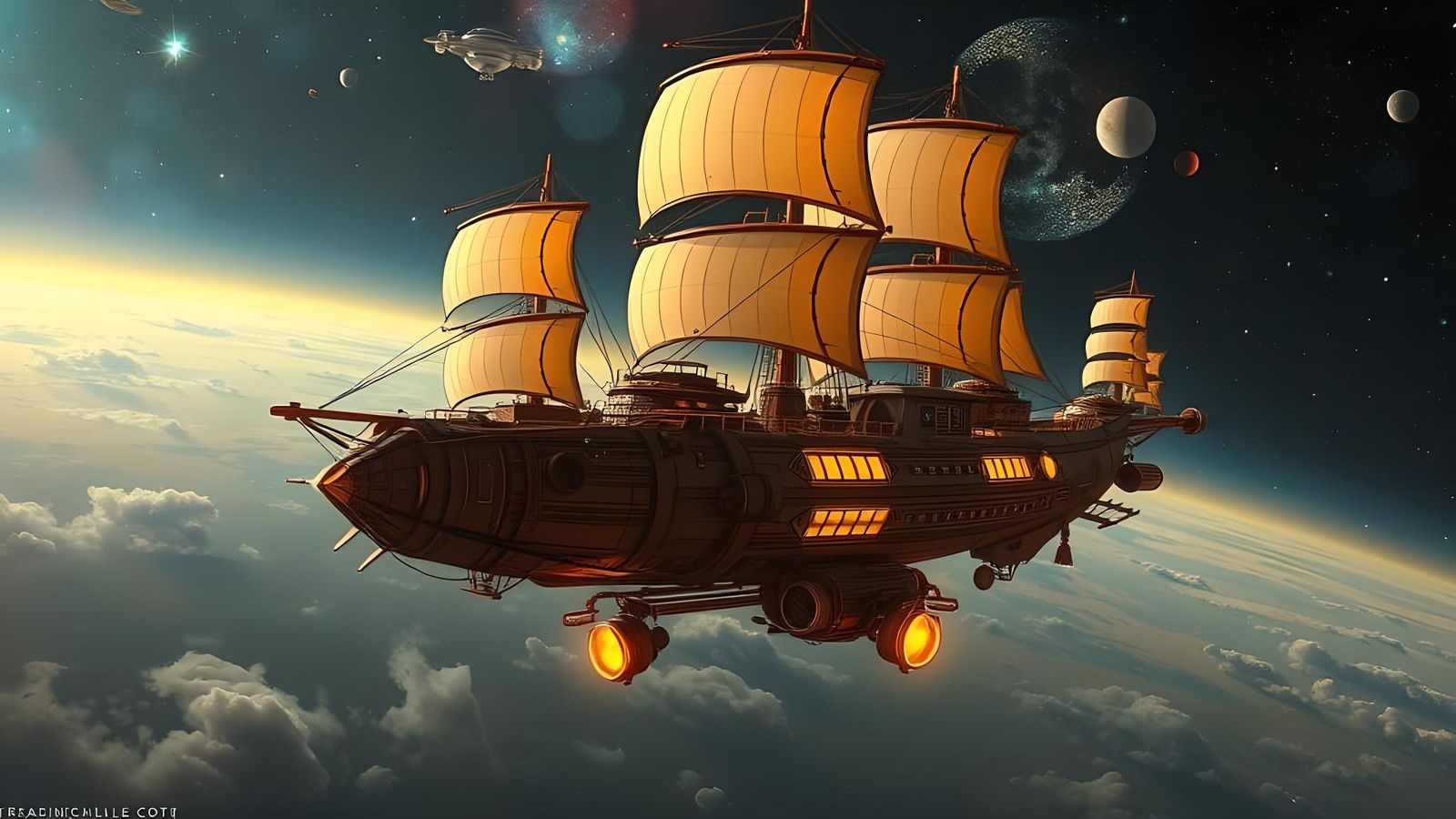 Steampunk Spaceship Sails Through Starry Skies