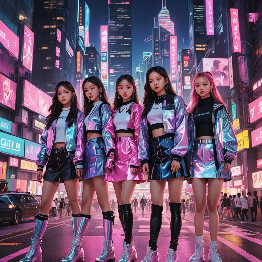 Blackpink Group Portrait in Neon Anime Cityscape