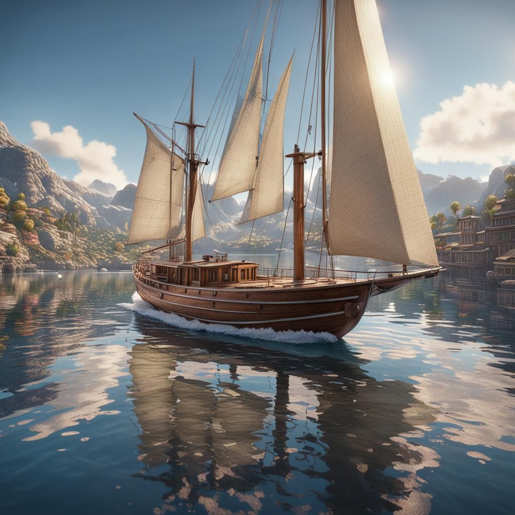 Sailboat Drifting into Flowery Harbor in Hyper-Realistic Sty...