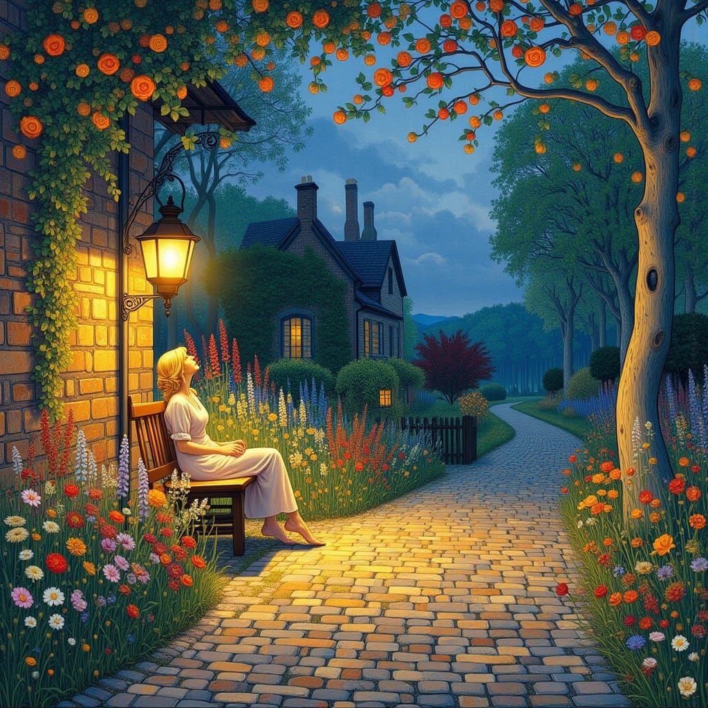 Old Lantern Glows on Cobblestone Path with Wildflowers