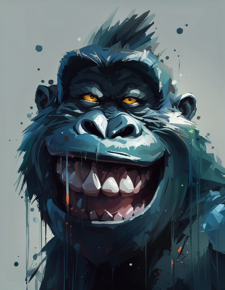Smiling Gorilla Portrait in Neon Concept Art Style