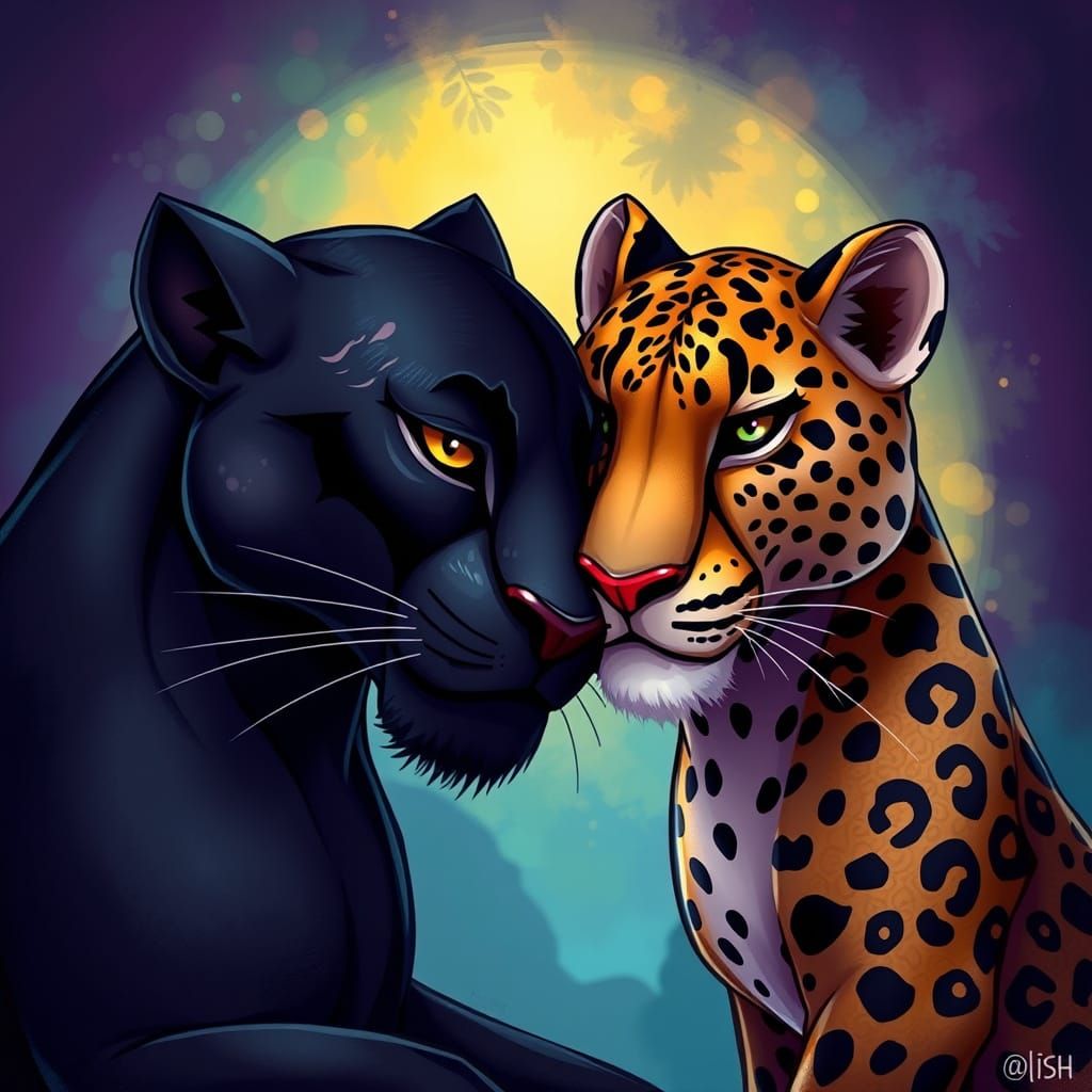 Cute black pantera and ghepard 🐅🐆in love, cartoon style, hyper-realistic and hyper-detailed image, 16k