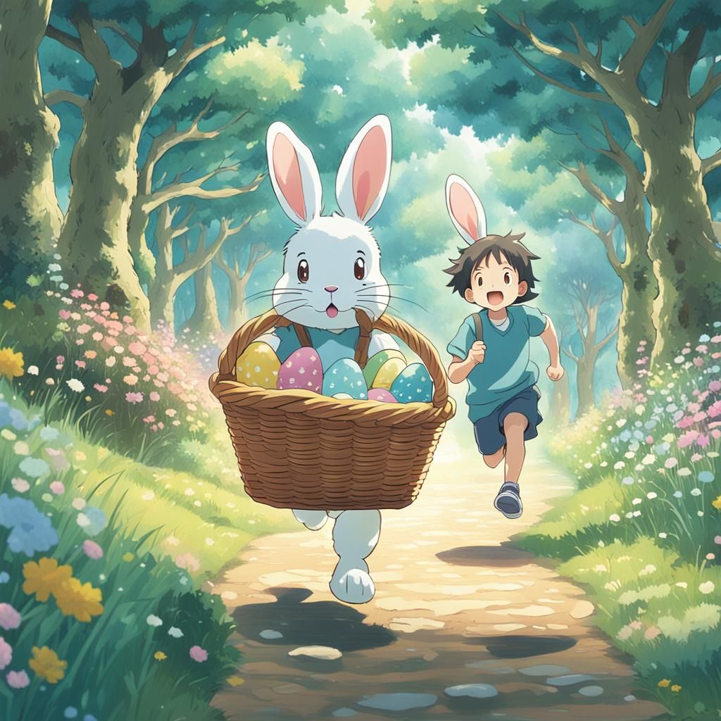 Easter Bunnies and Children: Anime-Style Pastel Art