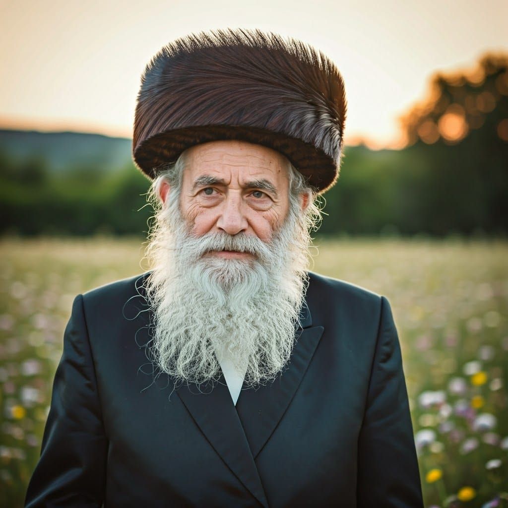 Traditional Hasidic Man in Sunset Field of Wildflowers