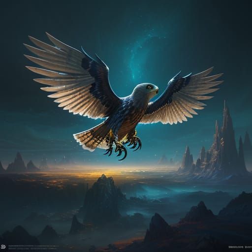 Glowing Energy Particles Surround a Majestic Falcon in Fligh...