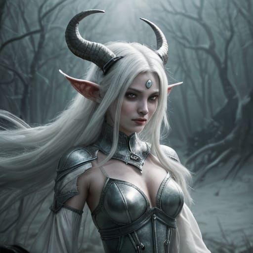 Tiefling Beauty in Silver and Green Gown