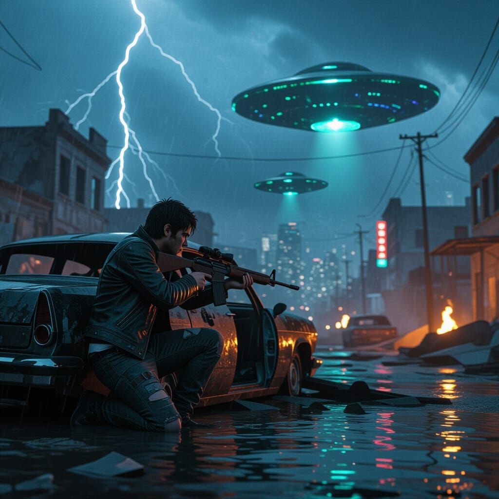 Post-Apocalyptic City Street with Lone Fighter Under Stormy ...