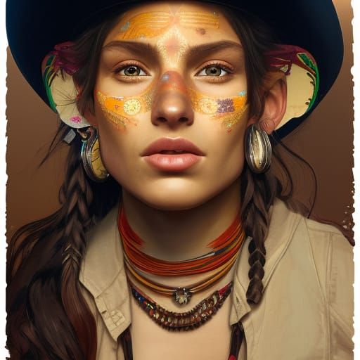 Cowboy Girl Portrait with Native American Elements