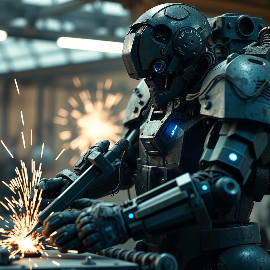 Mech-bot Mechanic Repairs War-Torn Battle Mech