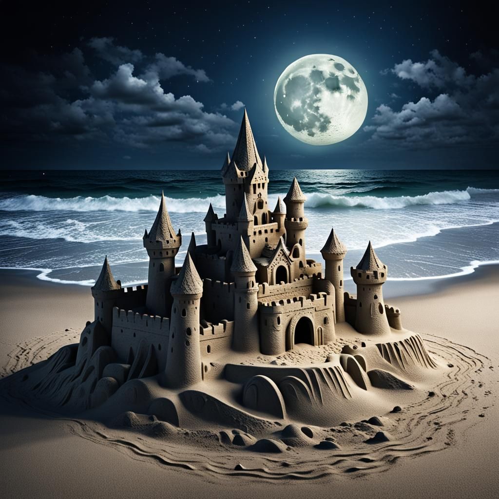 Ornate Sand Castle Under the Moon