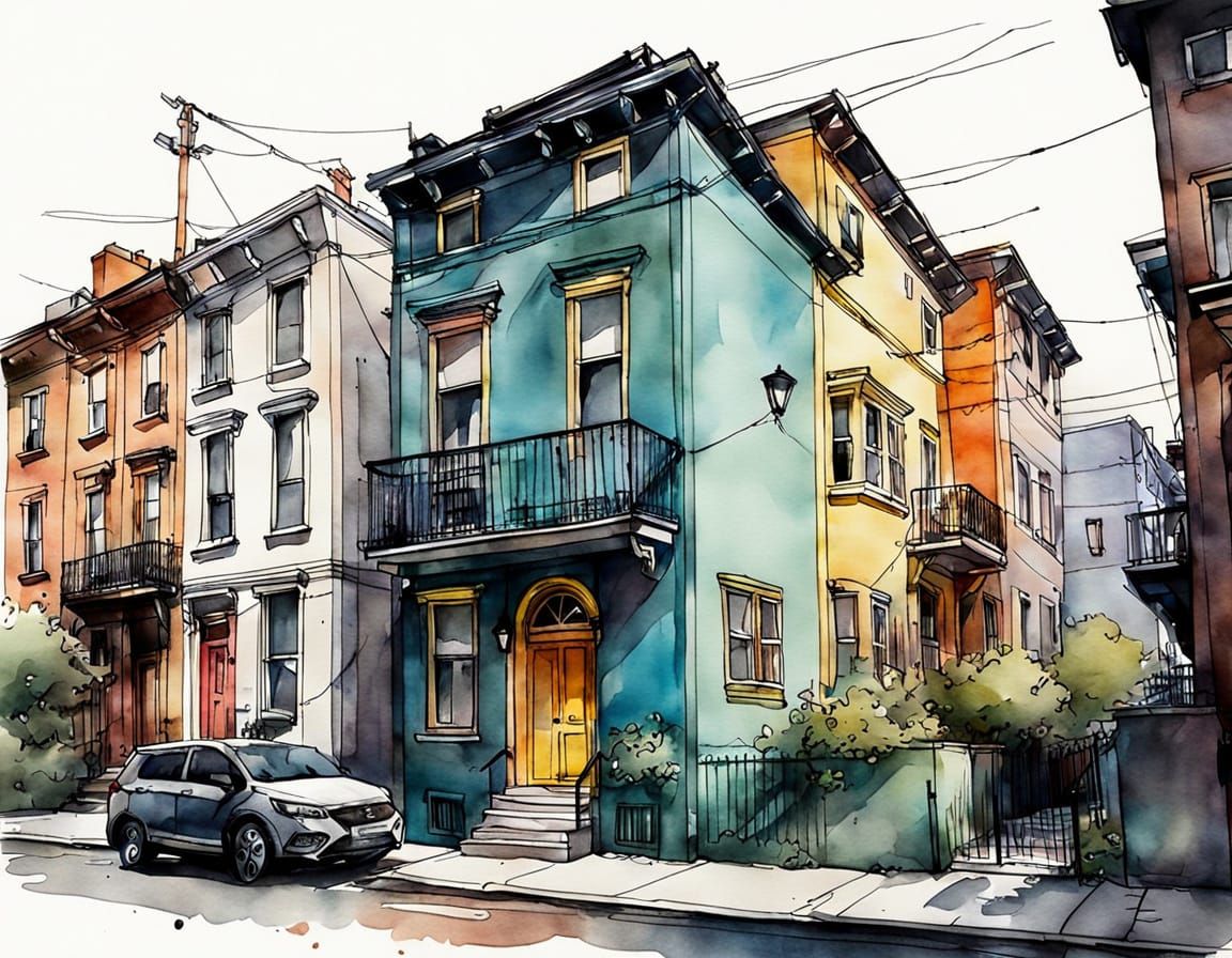 Vibrant Urban Townhouse in Watercolor and Ink Style