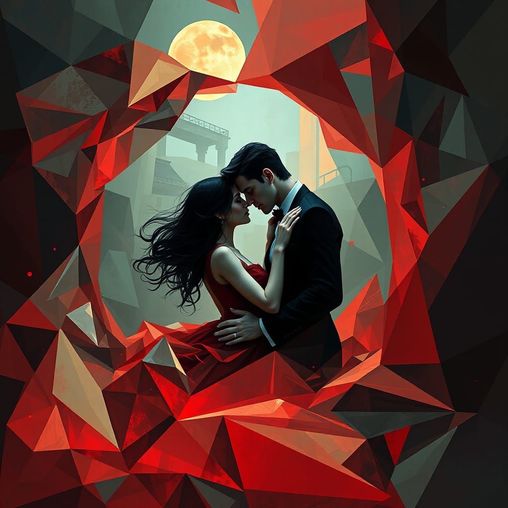 Vampires in a Geometric, Art Deco Love Scene