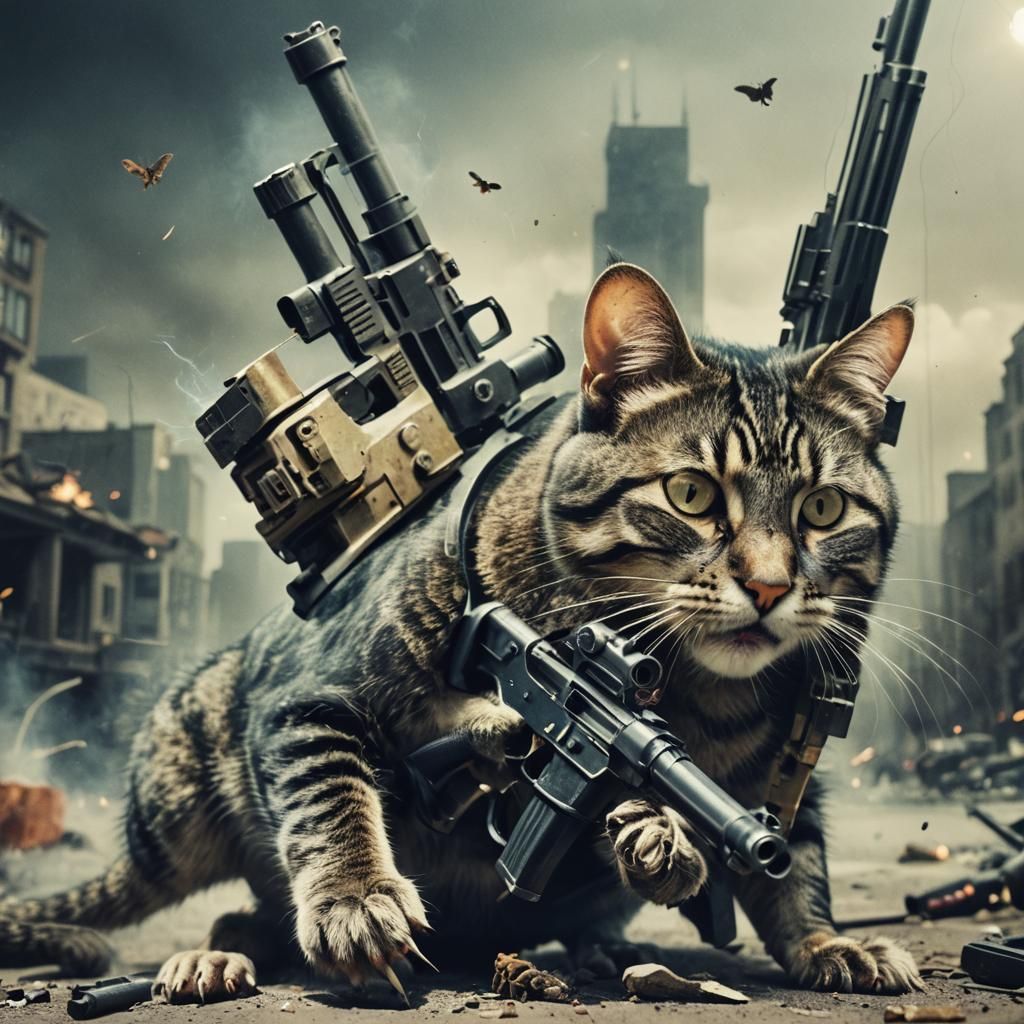 Double exposure of an evil mouse snarling and an honorable cat with a giant gun ready to shoot him
