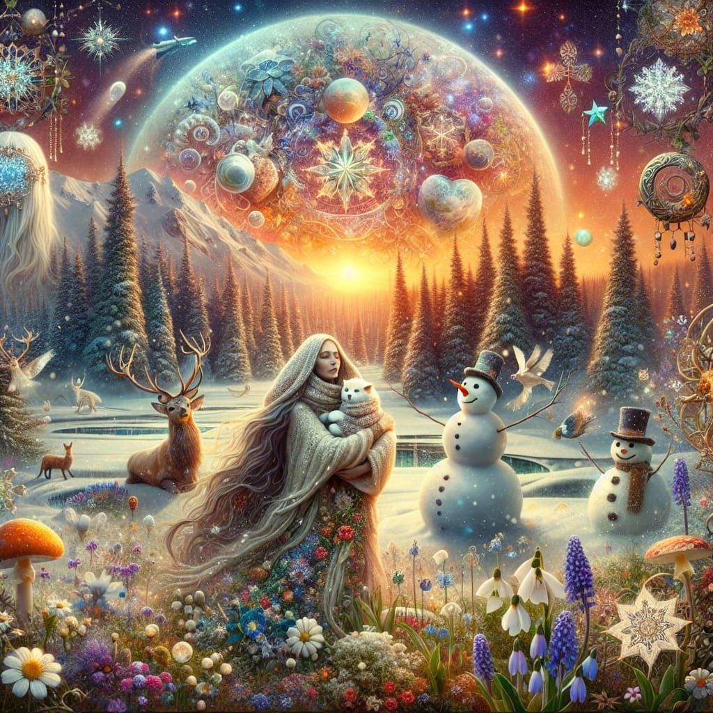 Serene Winter Wonderland with Snowdrops and Stars in Digital...