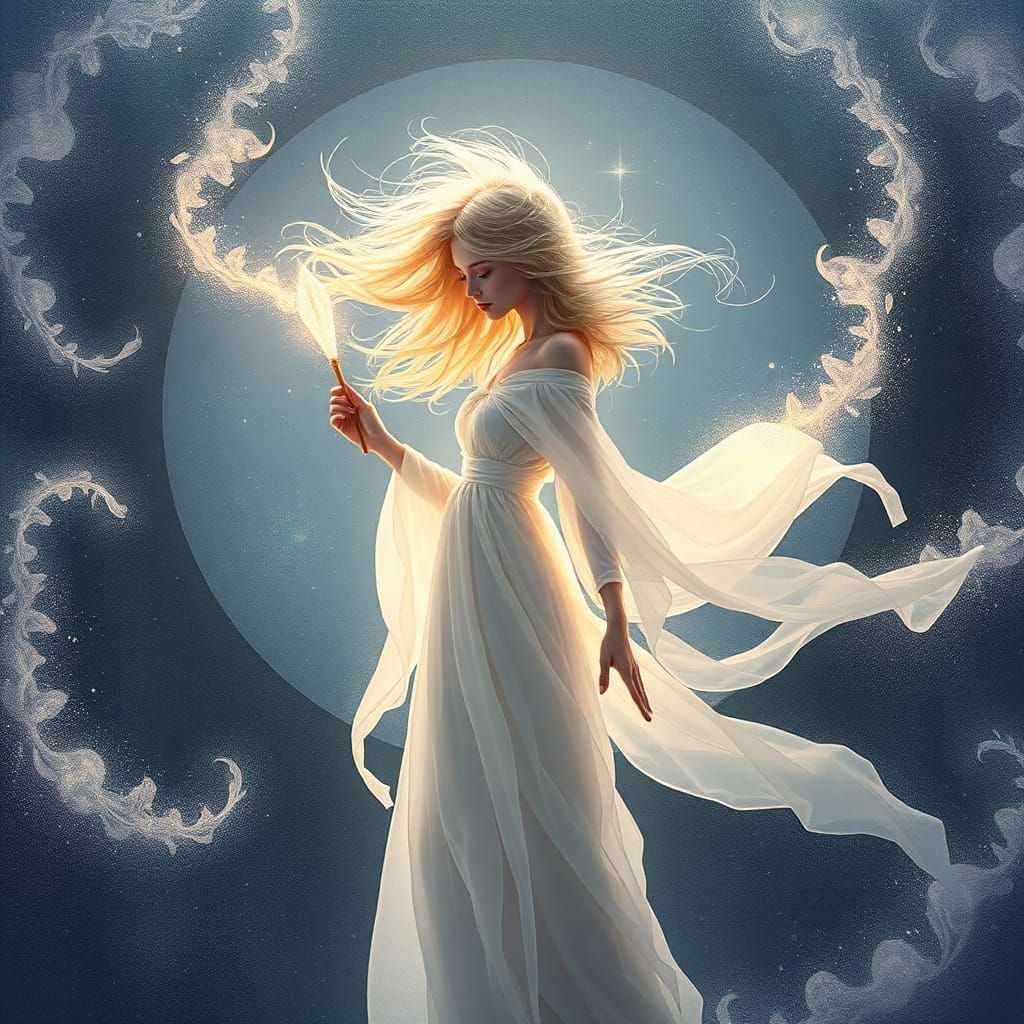 Ethereal Woman Conjuring Astral Powder in Digital Art