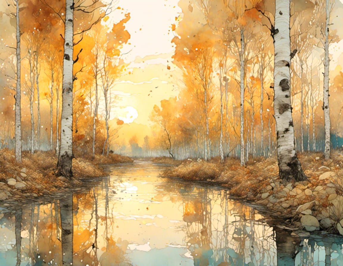 Flooded Autumn Birch Woodland at Sunset