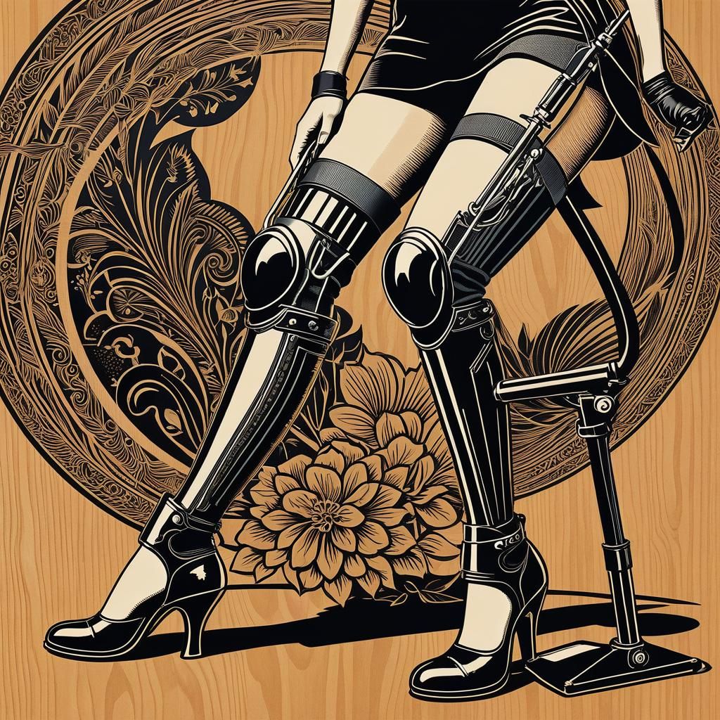 Illustrate an image of a woman with a unique prosthetic leg that has a kickstand attached to it, capable of providing ex...
