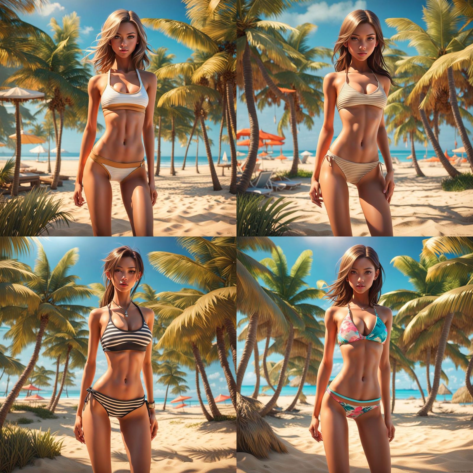 Four Girls in Bikini's by the Beach