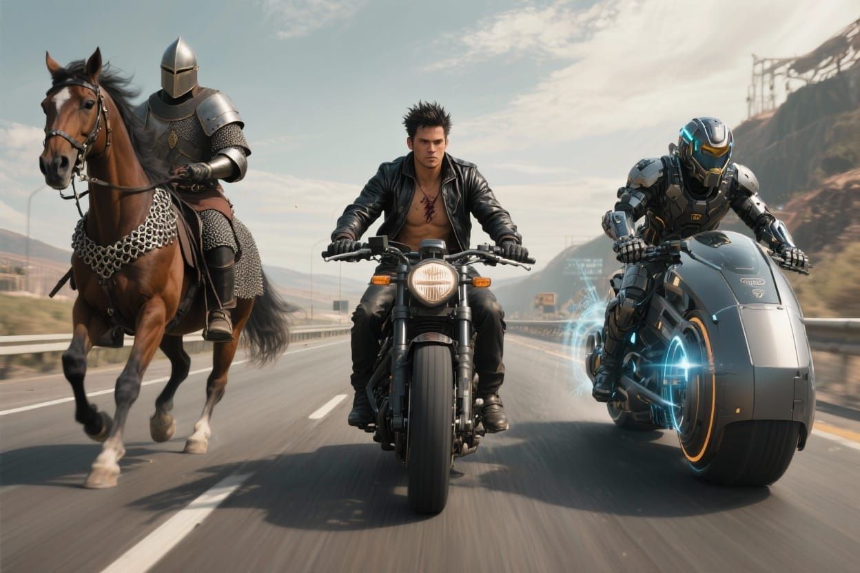 Knight, Biker, and Future Rider on Highway