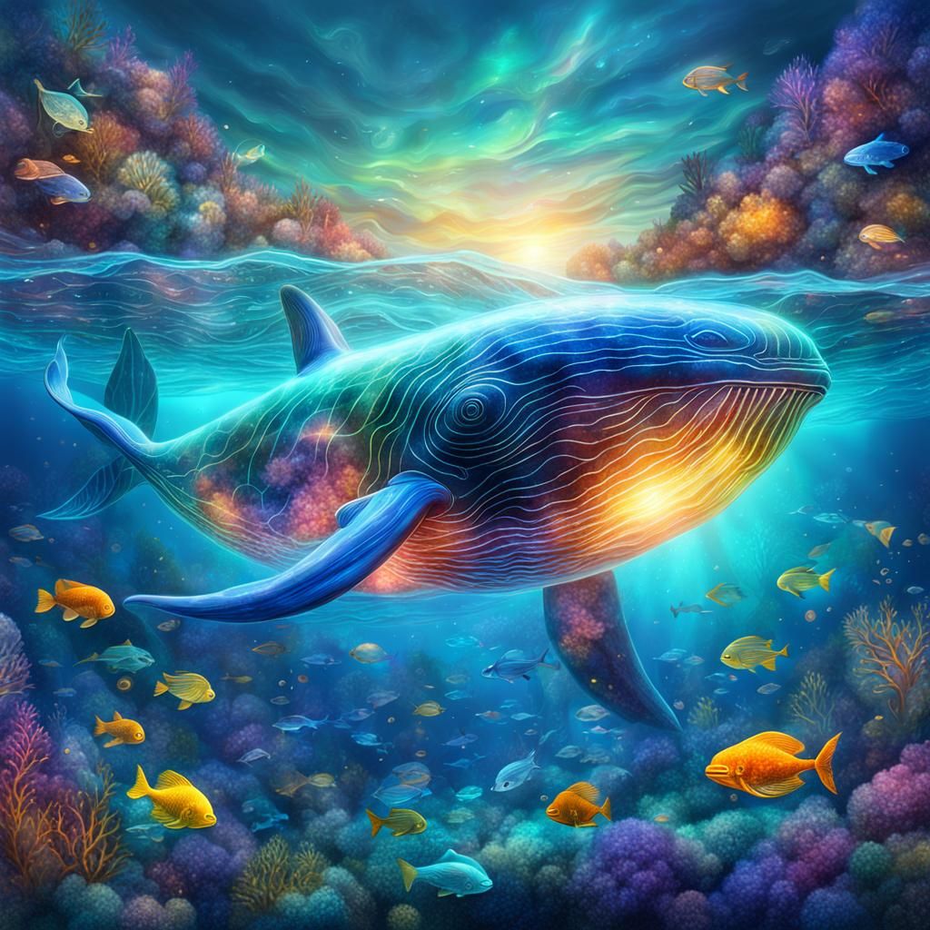 Glowing Glass Whale Swimming: Cosmic Illustration