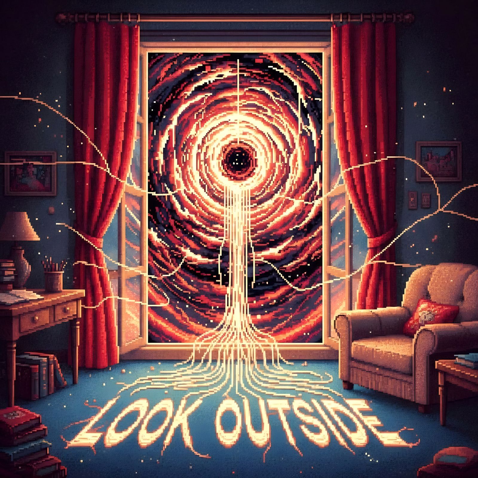 Cosmic Horror Sky Seen Through Window in 16-Bit Pixel Art