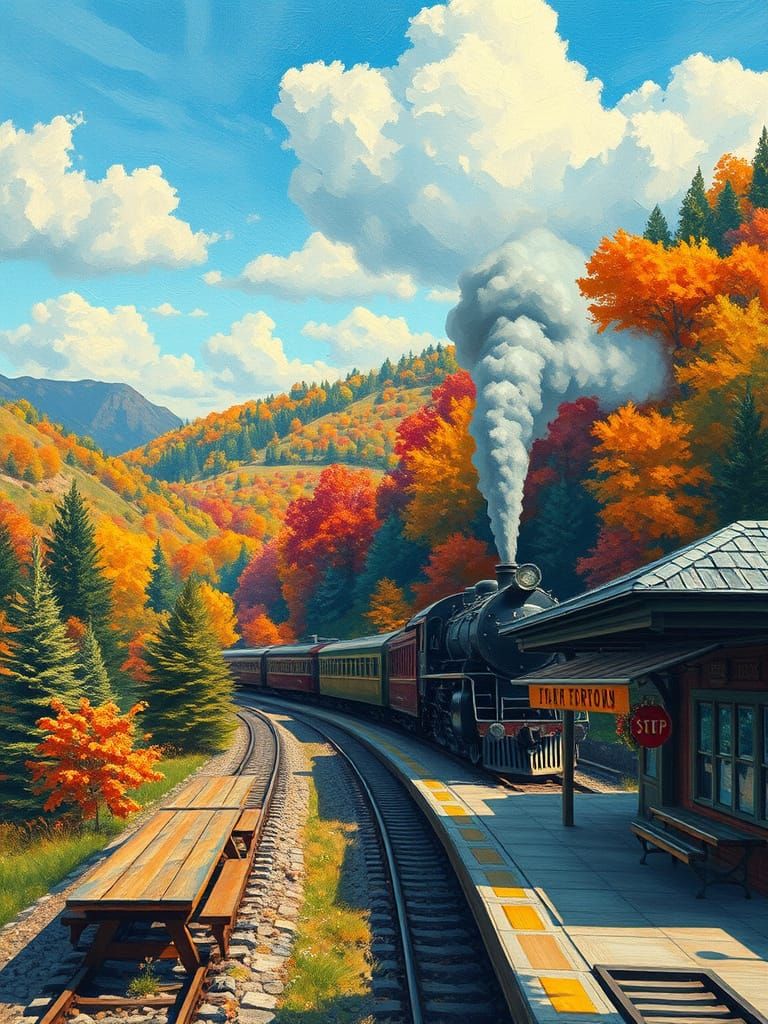 Steam Train Through Valley in Impressionistic Style