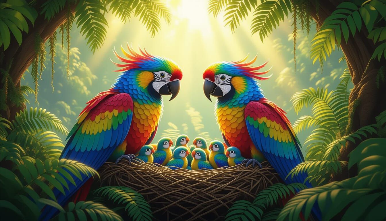 Mother and father fantasy rainbow parrots guards many baby f...