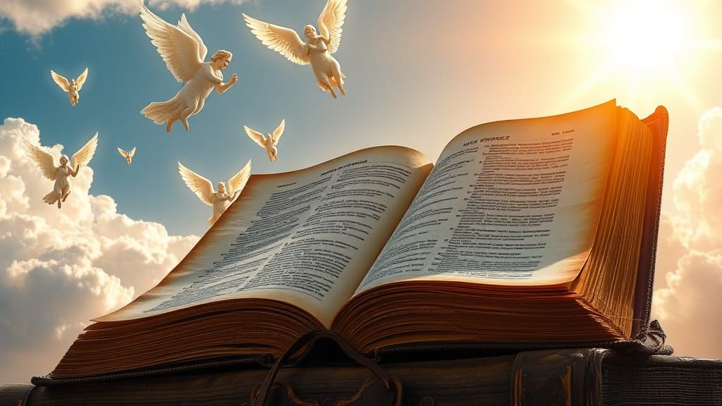 Ancient Bible with Radiant Angels in Sunlit Clouds