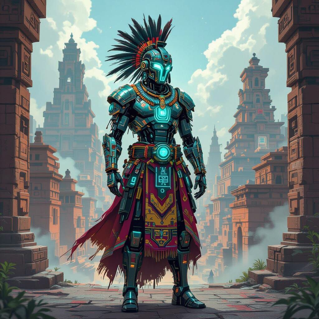 Neo-Prehispanic Cyborg Warrior in Cyberpunk Cityscape