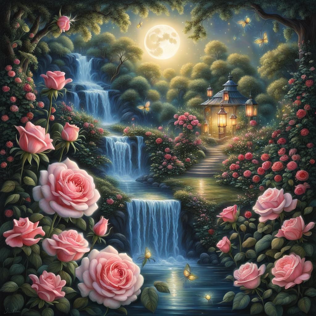 Enchanted Moonlit Garden with Roses and Fireflies