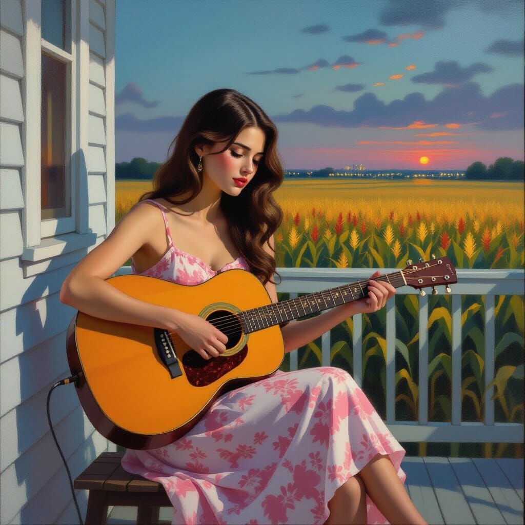 Melancholic Woman Plays Guitar on Porch at Sunset