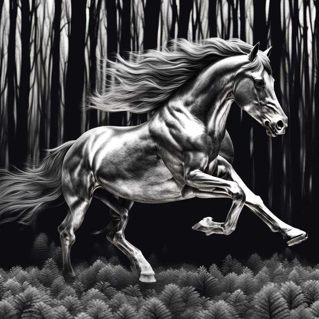 Silver Horse Running, Gelatin Forest (xtough's Silver Gelatin 69th 5 word prompt Challenge)
