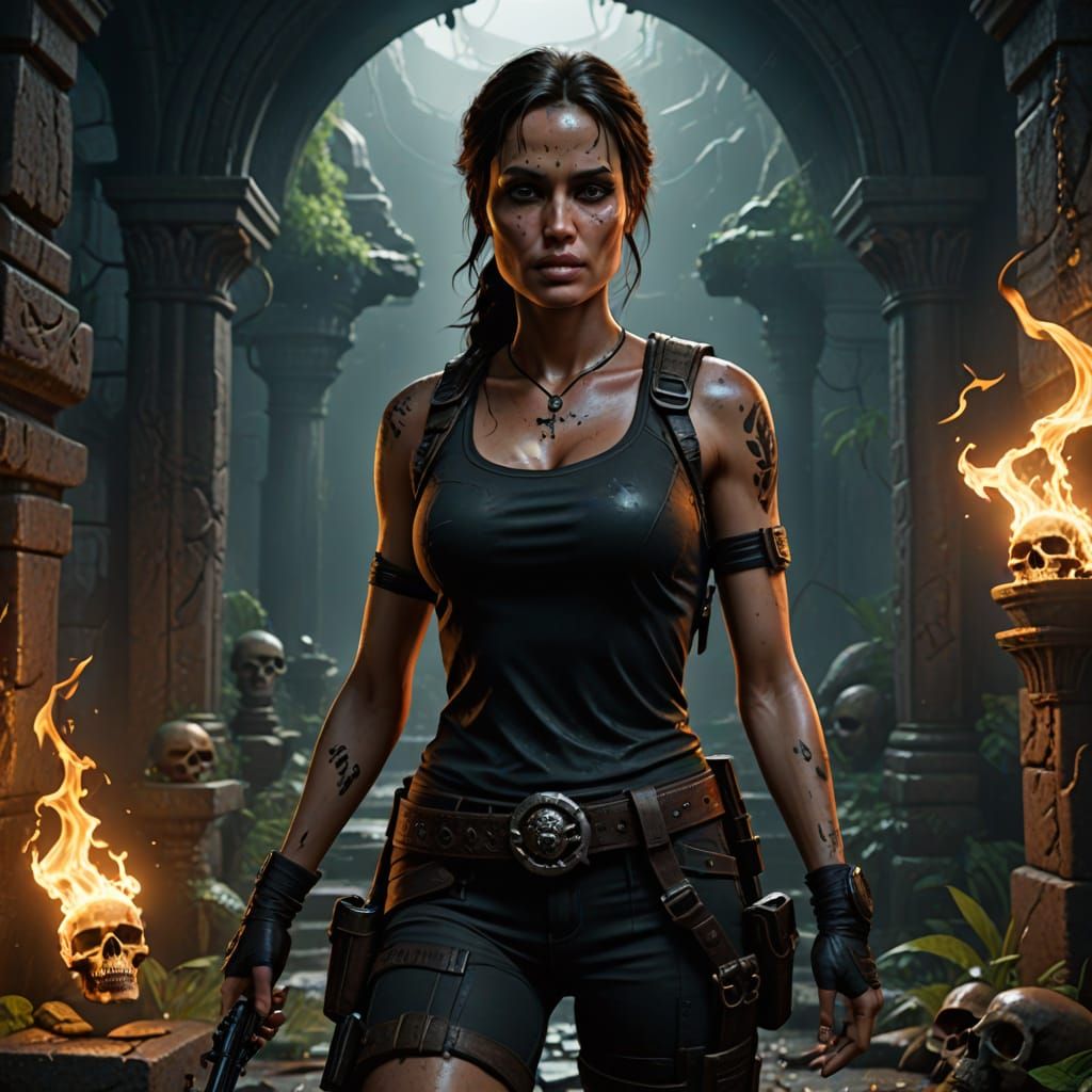 Lara Croft in Dark Castle Splendor, Cyberpunk Fantasy Concep...