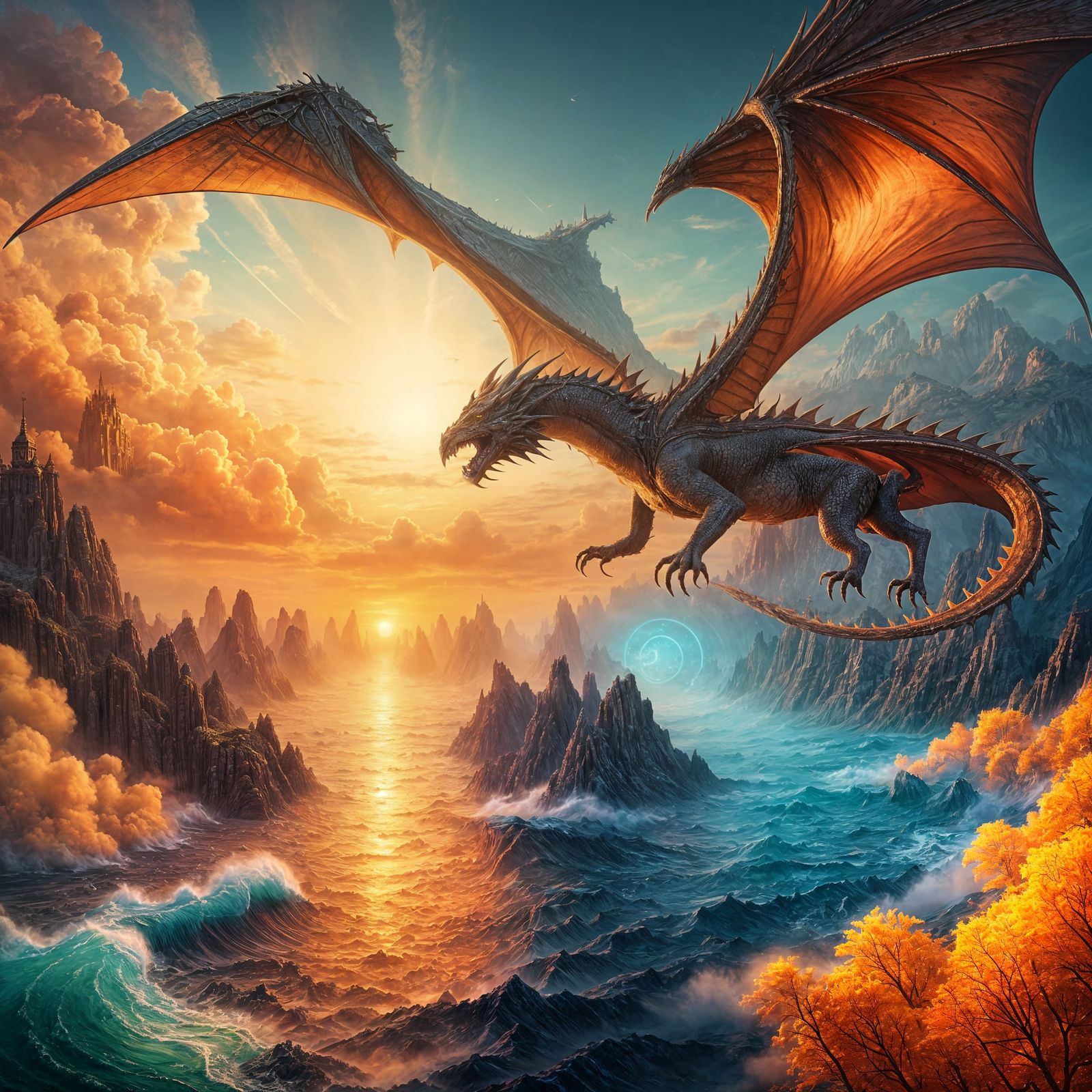 Dragon Soaring Over Sunrise Sea: Matte Painting
