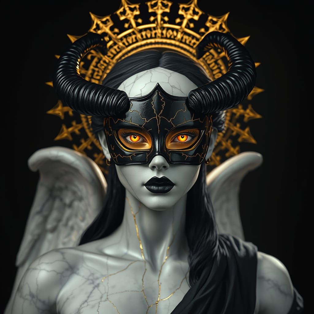 Gothic Dark Goddess with Golden Halo and Fissures