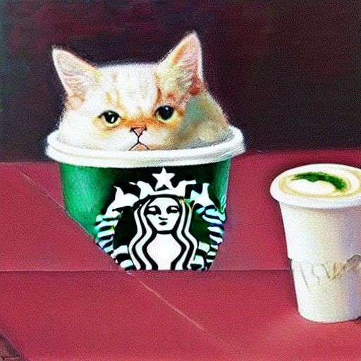 Cat and Starbucks Drink in Oil Painting Style