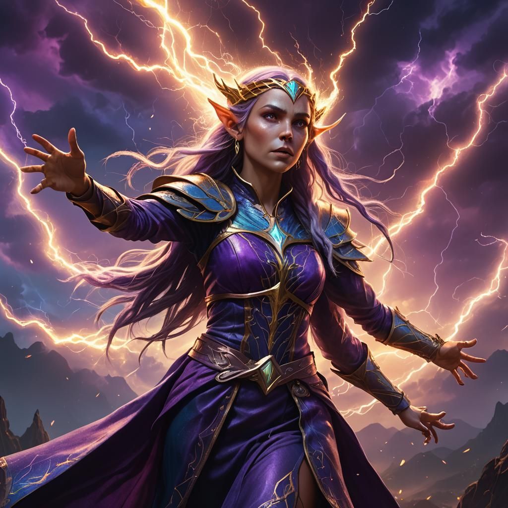 Elf Sorceress Conjuring Lightning in High-Fantasy 3D Art
