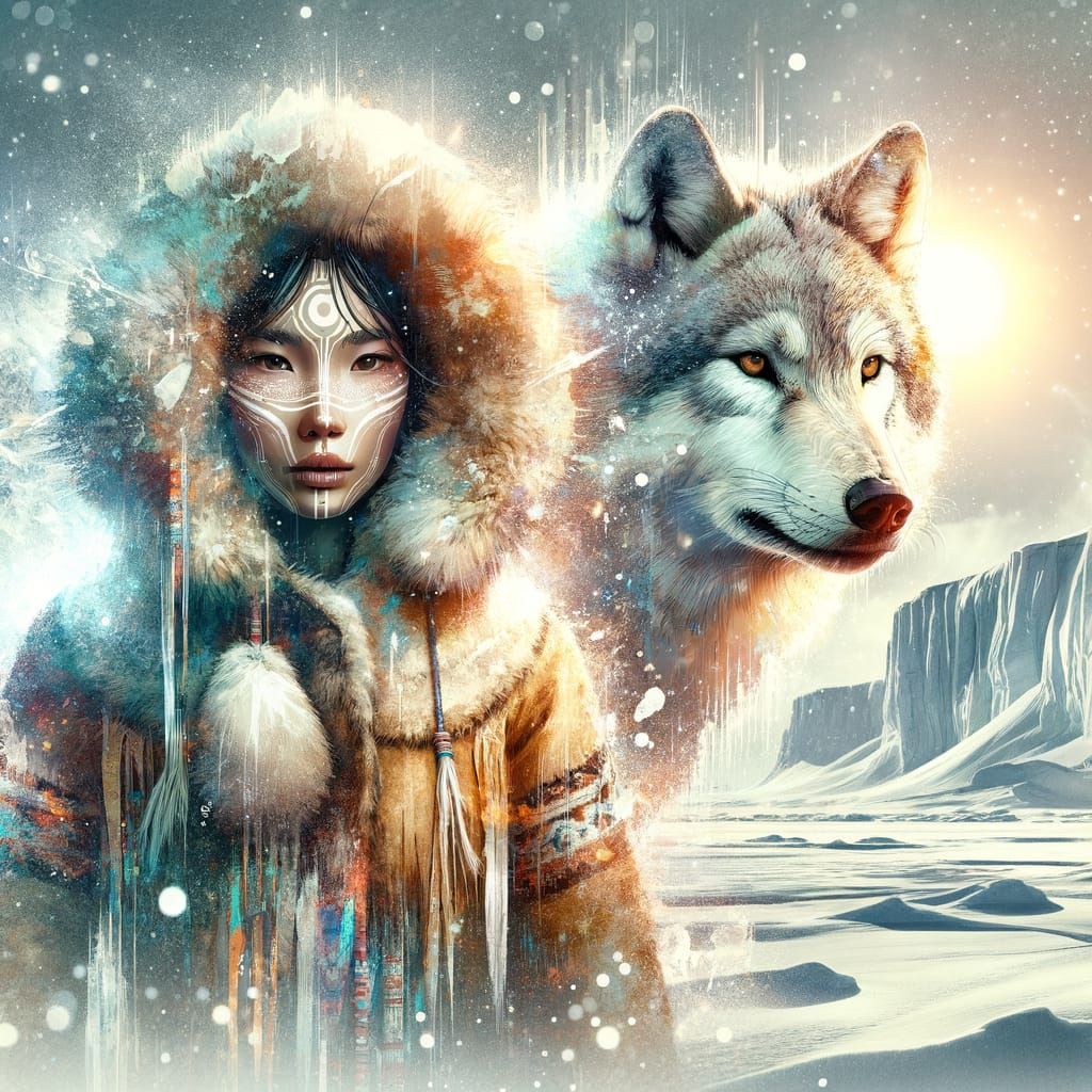 Inuit Woman and Spirit Wolf in Watercolor Style
