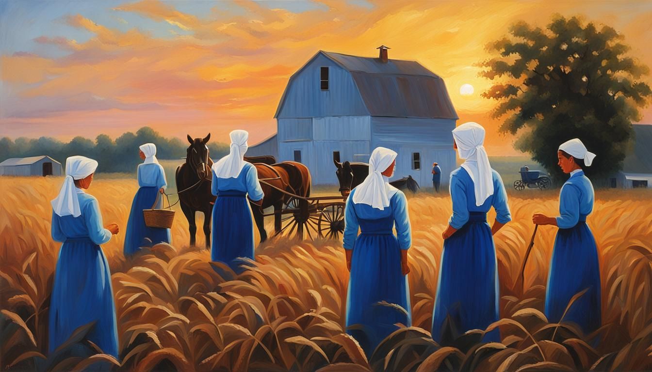 Amish Family at Sunset: An Oil Painting