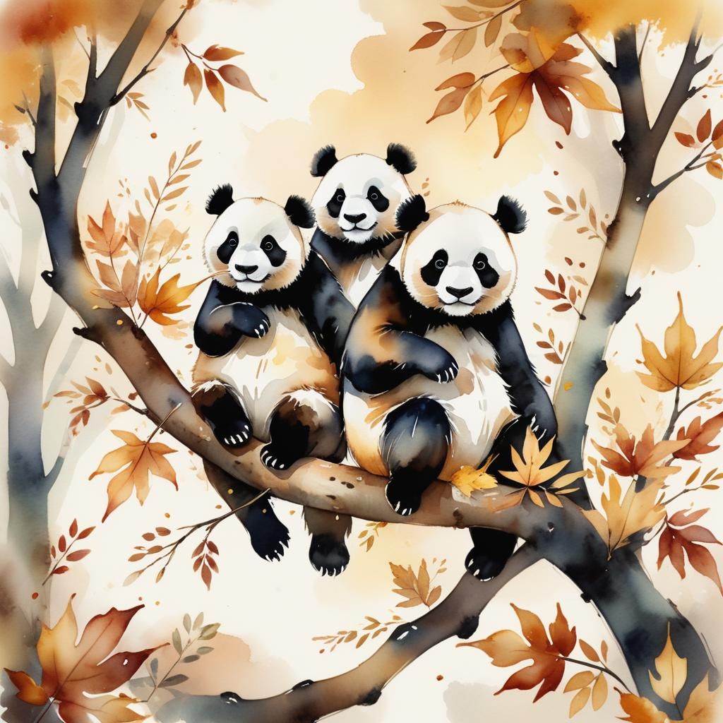 Pandas in Autumnal Watercolor Dreamscape