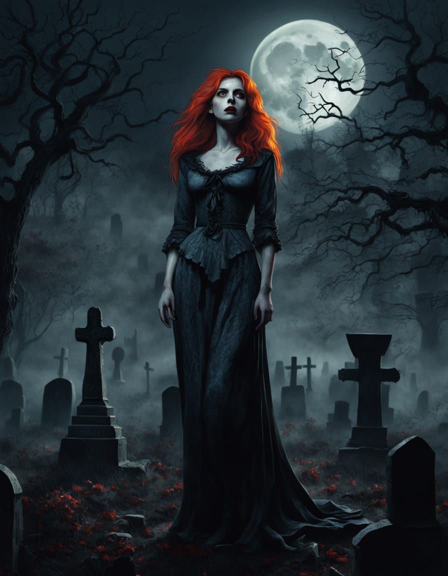 Surreal Red-Headed Woman Stands in Misty Graveyard at Night