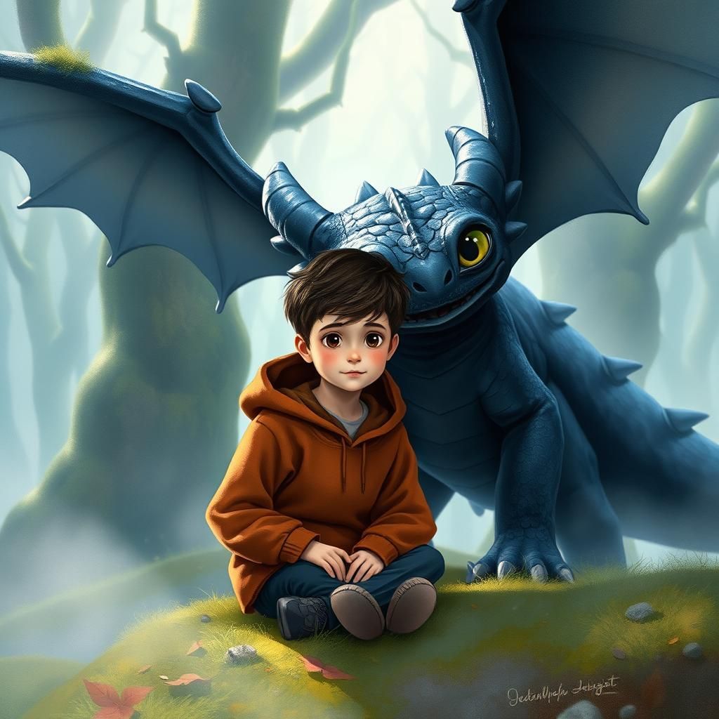 Boy and Toothless Dragon in Misty Forest