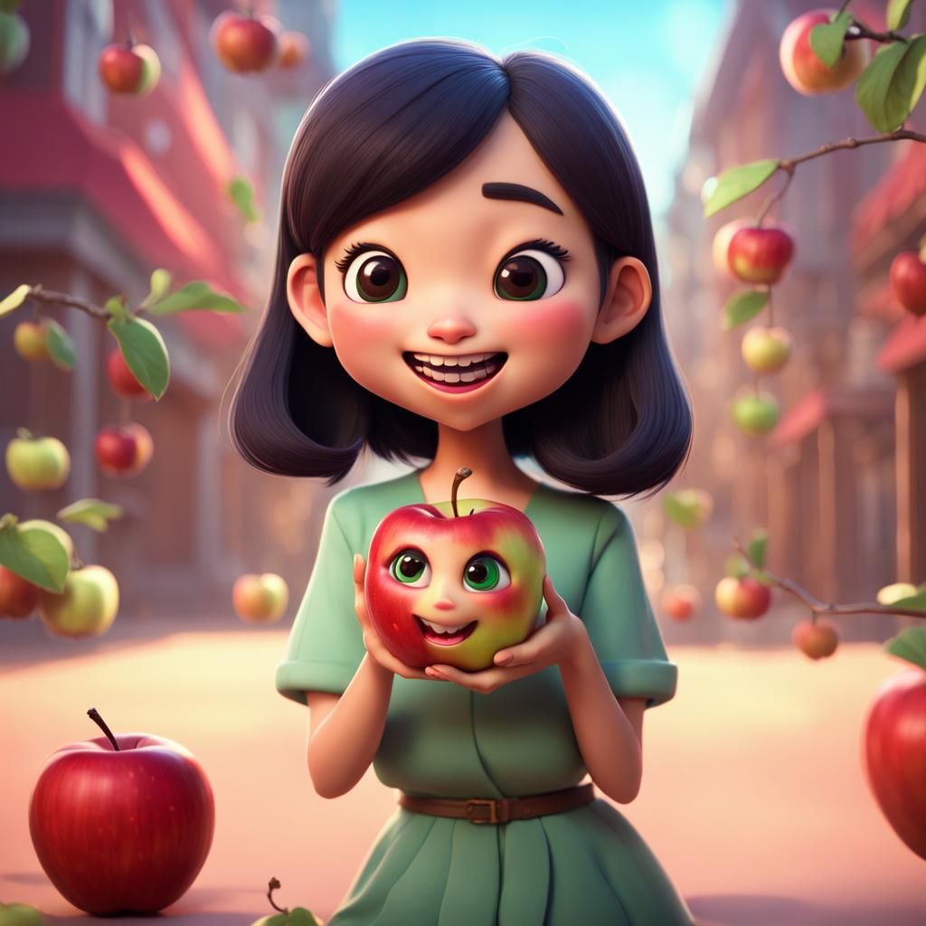Asian Woman with Chibi Apple, Pixar Style