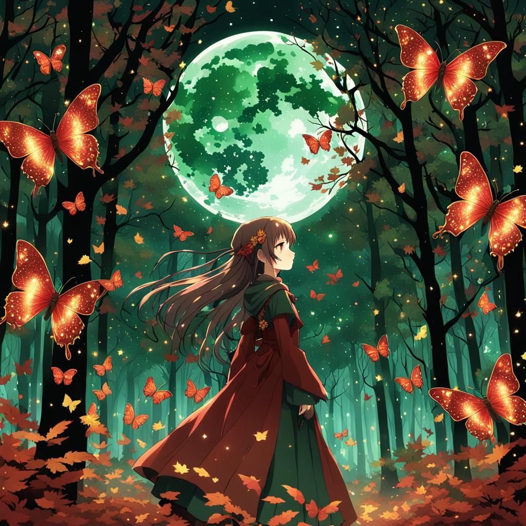 Anime Girl in Autumn Forest with Red Moon Eclipse