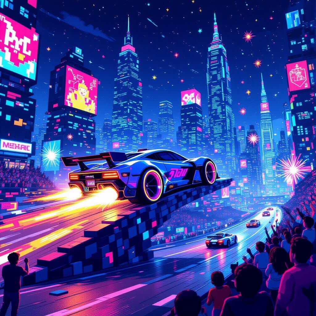 Futuristic Race Car Victory Lap in Pixel Art Style
