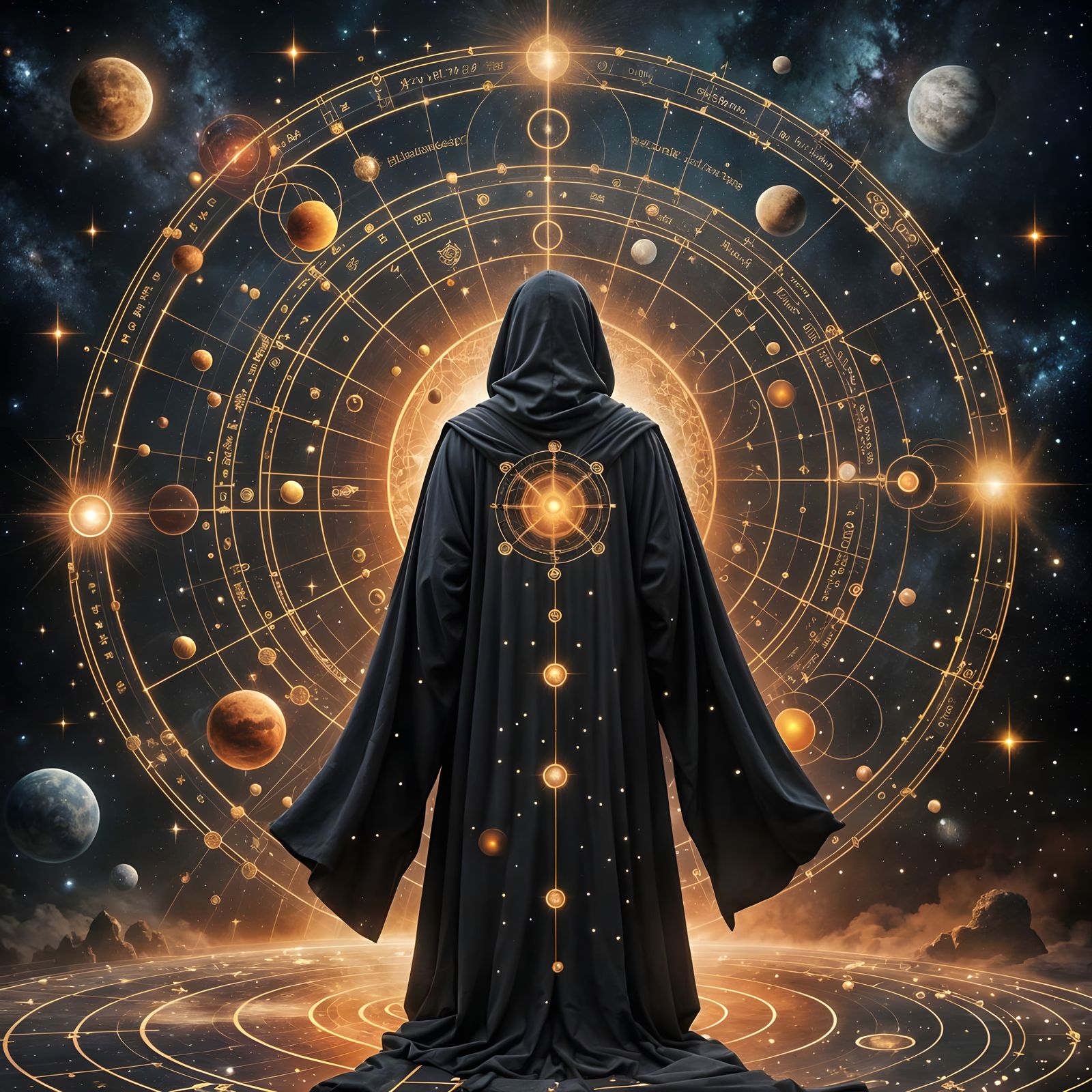 Mysterious Cosmic Sage Stands Amidst Celestial Map